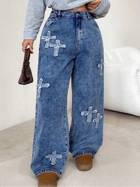 Wide-Leg Blue Embroidered Cross Jeans